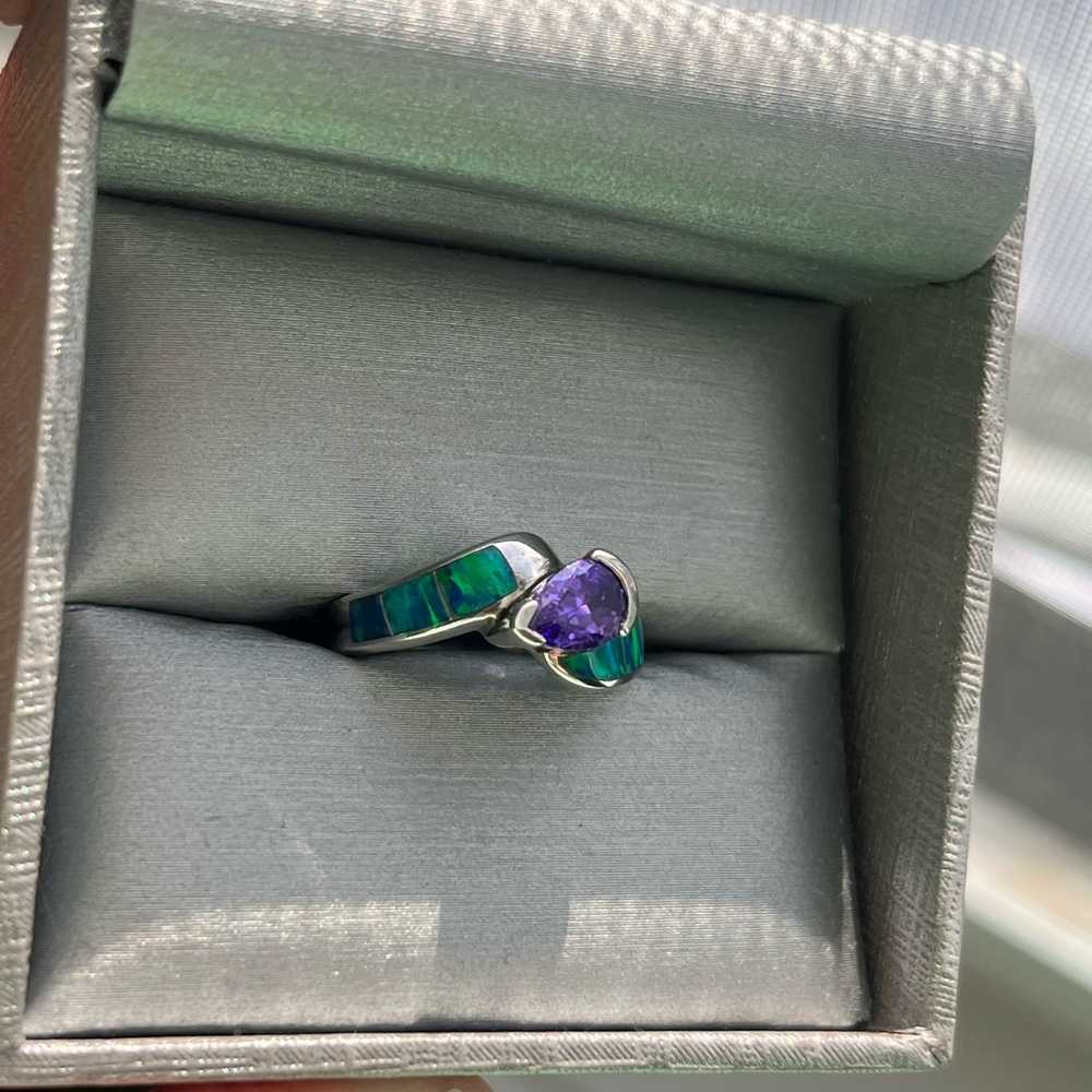 Stamped 925 sterling silver Elegant Silver Ring with Purple and Green Accents